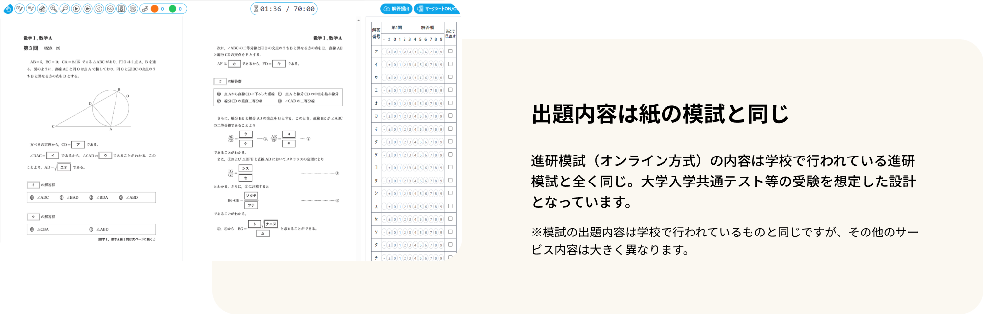 出題内容は紙の模試と同じ 進研模試（オンライン方式）の内容は学校で行われている進研模試と全く同じ。大学入学共通テスト等の受験を想定した設計となっています。 ※模試の出題内容は学校で行われているものと同じですが、その他のサービス内容は大きく異なります。