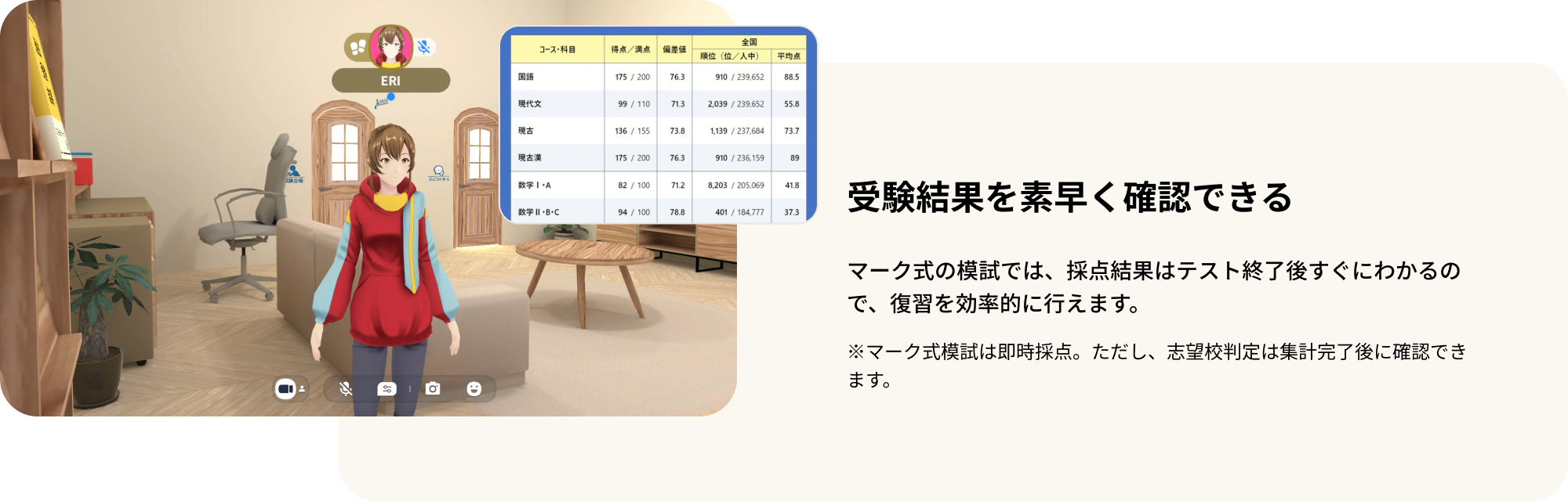 受験結果を素早く確認できる マーク式の模試では、採点結果はテスト終了後すぐにわかるので、復習を効率的に行えます。※マーク式模試は即時採点。ただし、志望校判定は集計完了後に確認できます。